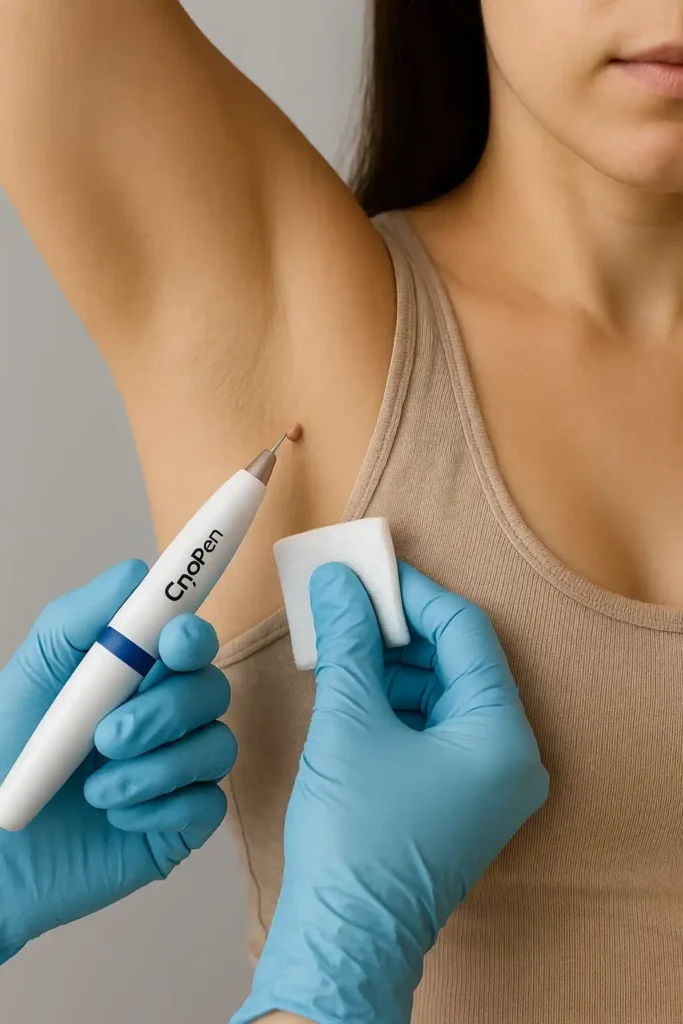 woman having cryopen to remove underarm skin tags Leeds