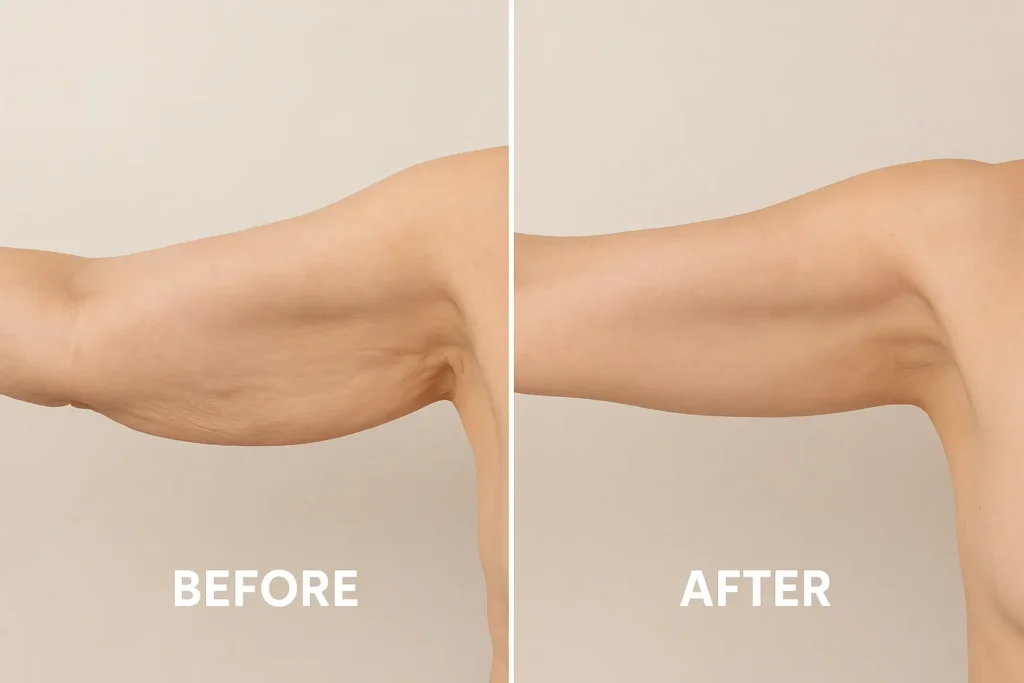 Picture of LA LIPO Leeds before and after results of skin tightening treatment on the upper arms.