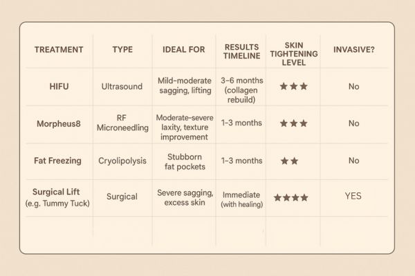 Table showing the comparisons of Skin tightening Leeds treatment options.